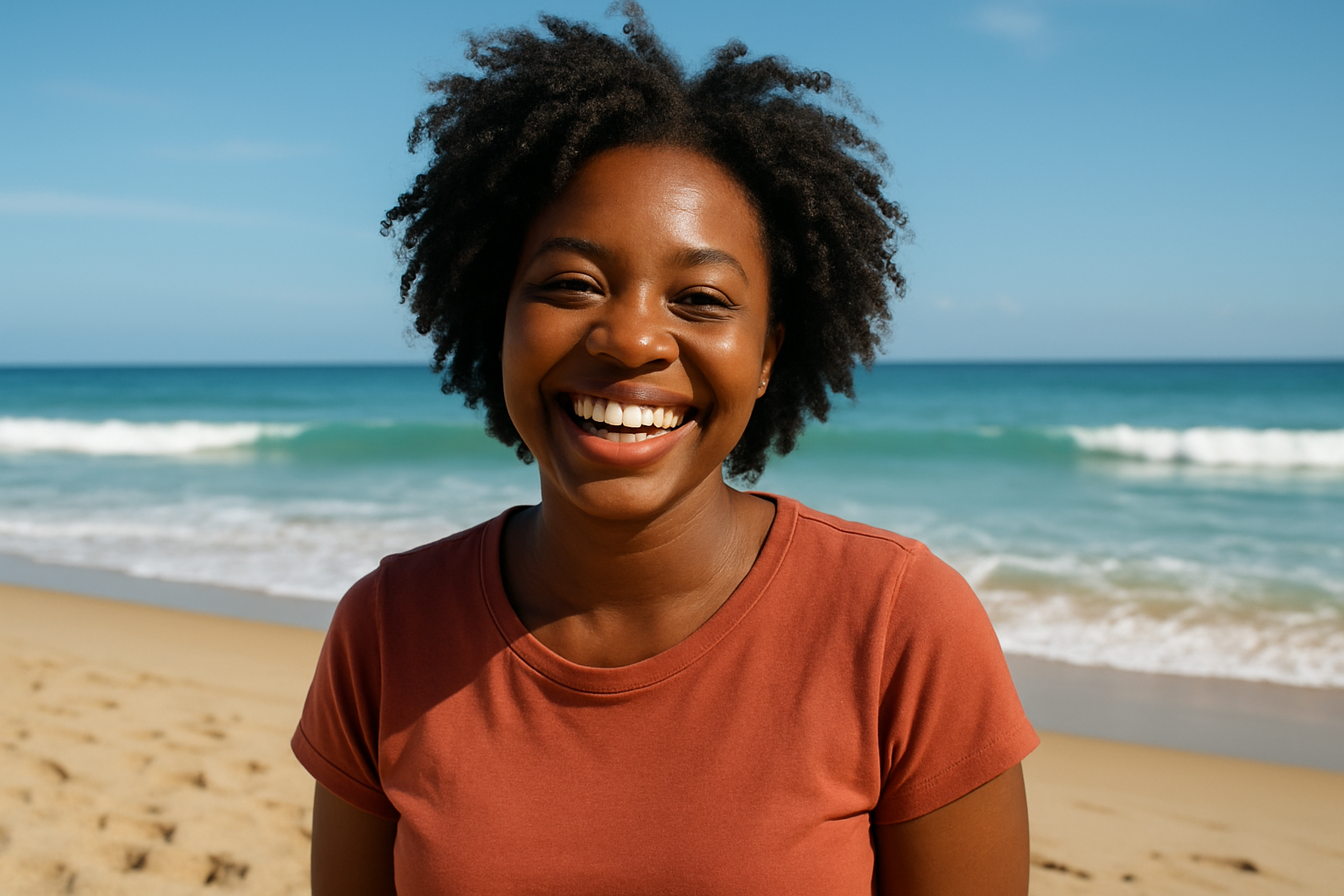 black afican american woman at the beach smiling 